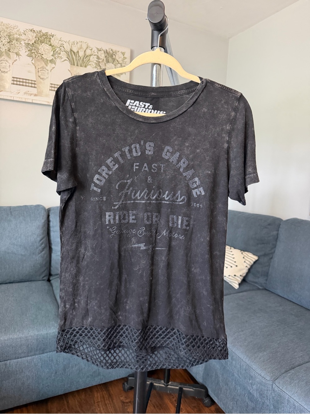 Affliction Black Acid-Wash Graphic Tee with Lace Hem